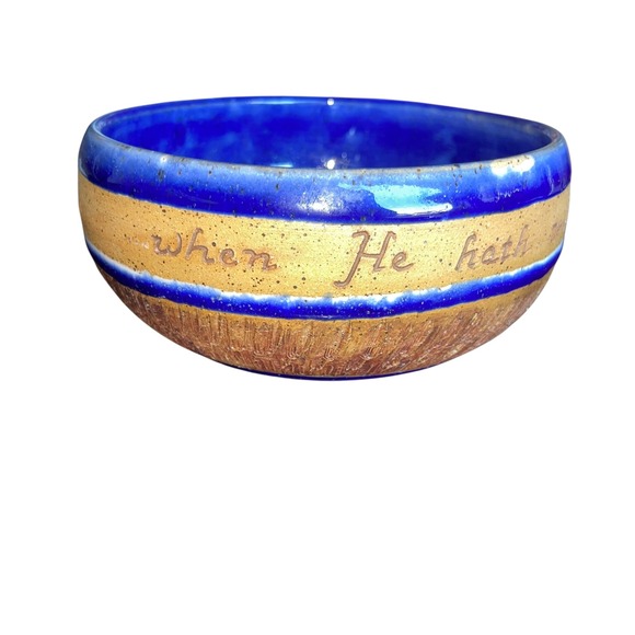 Handmade Ceramic Bowl Blue Tan Band Scripture Religious Decor Bowl - Picture 1 of 7